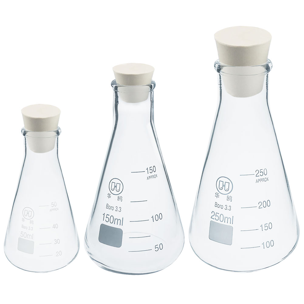 ADAMAS BETA Lab Glass Triangular Flasks Set with Rubber Cork 250ml+150ml+50ml Conical Flask Wide Mouth Graduated Bottle Covered Stoppers