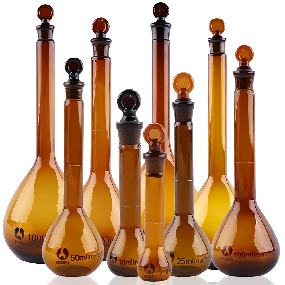 ADAMAS BETA Volumetric Flask with Stopper Amber 5-2000ml Lab Glassware Laboratory Long Neck Reagent Storage Bottle Glass Plug