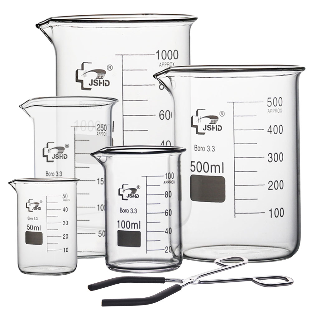 ADAMAS BETA 3.3 Boro Glass Beaker Set 5-14pcs Low Form with Spout Lab Measuring Cup Graduated 10-1000ml Beaker Clamp/Brush/Glass Stirring Rod