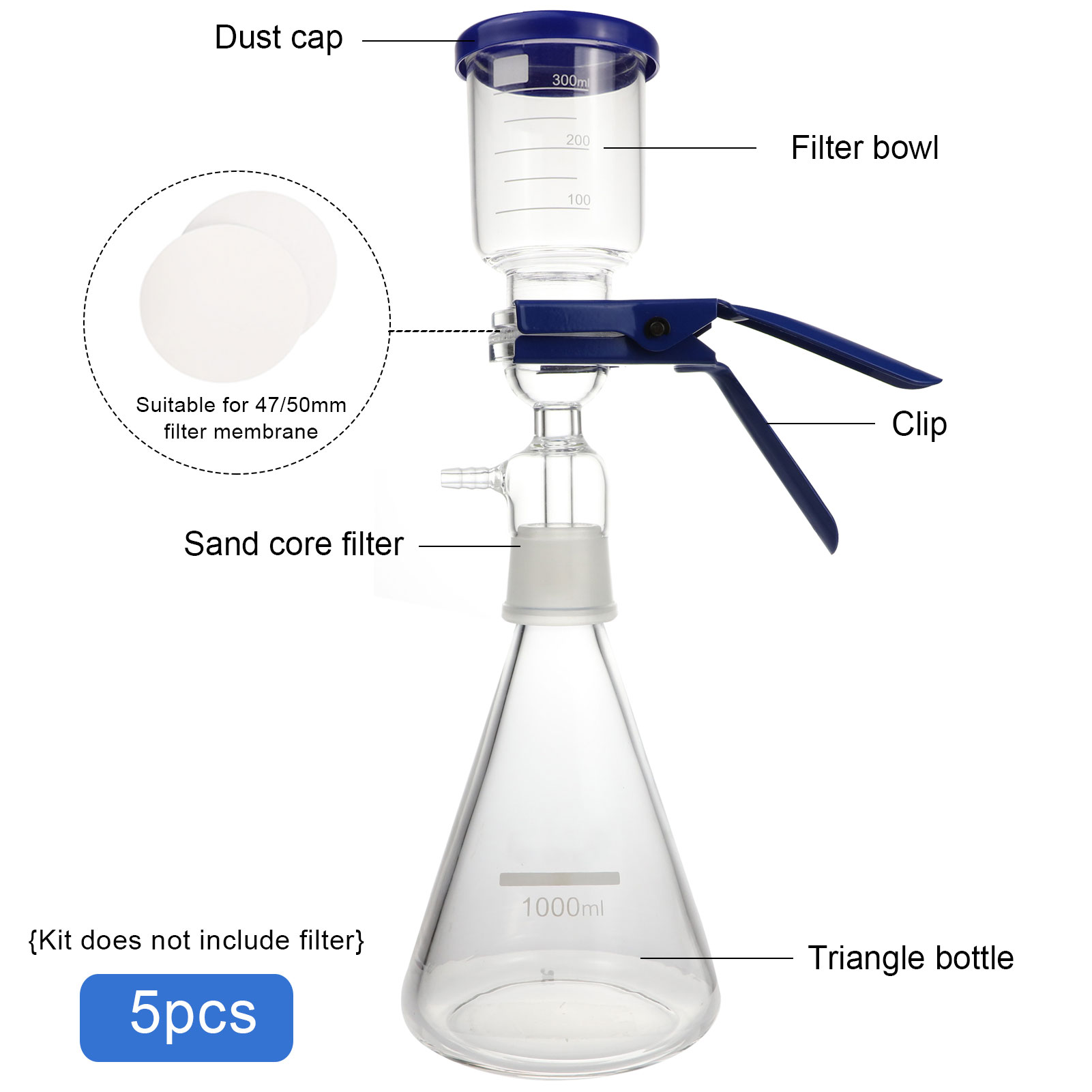 ADAMAS-BETA Laboratory Sand Core Filter Membrane Suction Filtration Set Solvent Filter Glassware 250-2000ml for Microbial Experiment