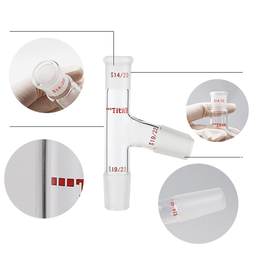 ADAMAS BETA Laboratory 3-Way Glass Connecting Tube with 2mm PTFE Stopcock Thick Wall Hollow Grinding Mouth Lab Glass Tubes Joint