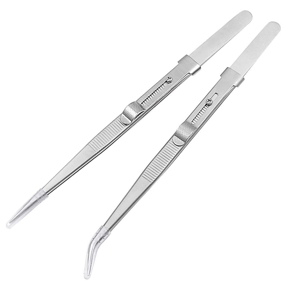 ADAMAS BETA 2pcs Stainless Steel Tweezers 16cm Pointed Headed Bend Tips Forceps Pliers Laboratory Clamping Tools Antiskid Lockable Long Clip