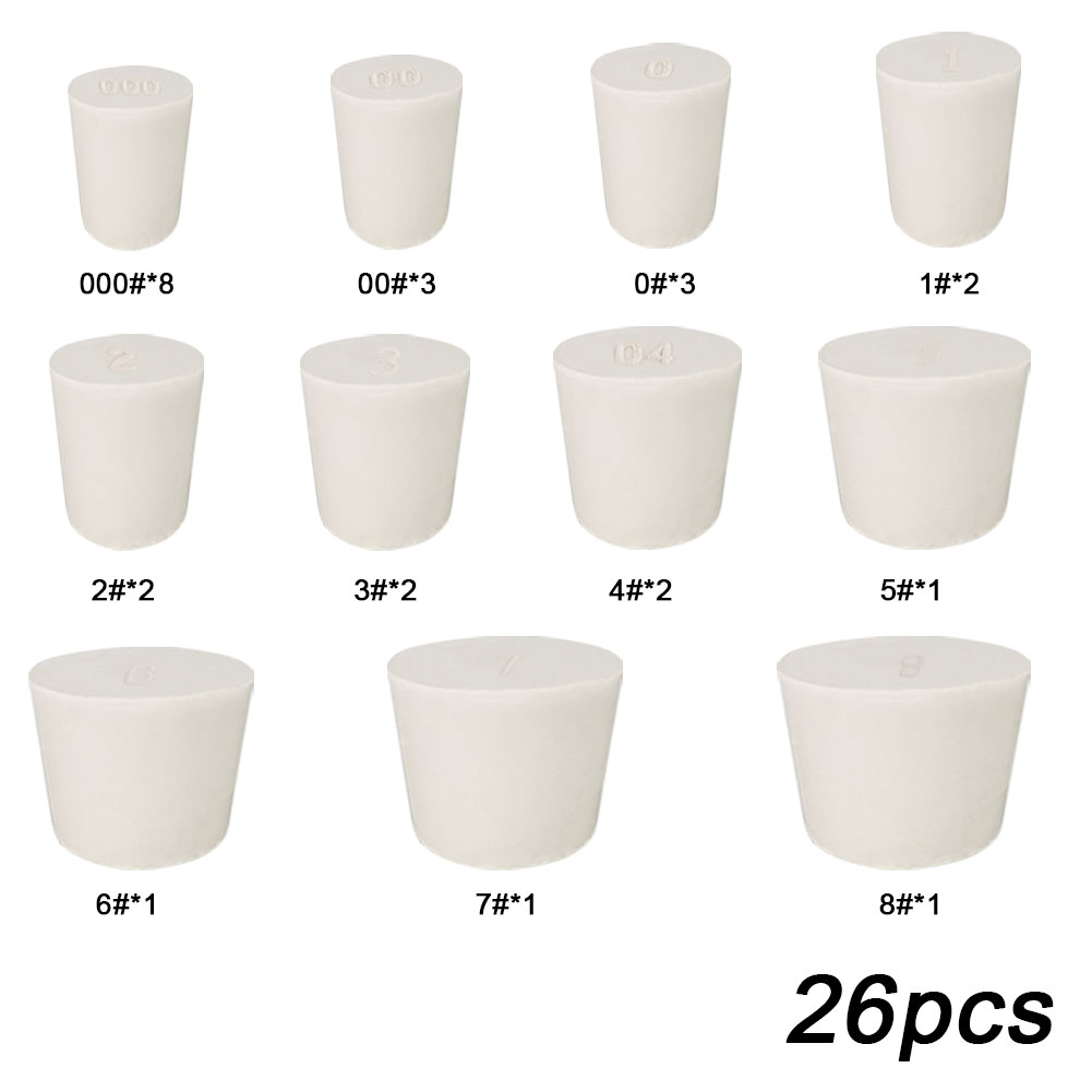 ADAMAS BETA Wholesale 26-30pcs White Rubber Plug Mixed Size Sealing Solid Cork without Hole Laboratory Conical Bottle Stoppers for Test Tube/Flask