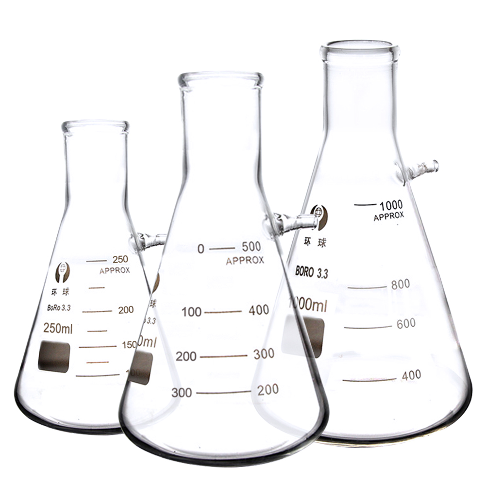 ADAMAS BETA 3pcs Graduated Suction Bottle Laboratory Triangular Flask Glass Filter Bottle 250ML-500ML-1000ML with Branch Nozzle