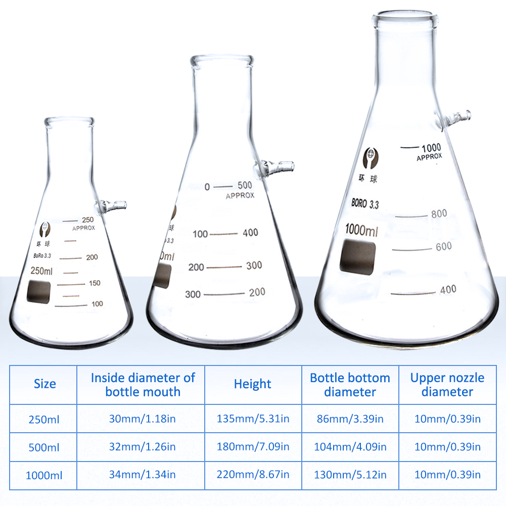 ADAMAS BETA 3pcs Graduated Suction Bottle Laboratory Triangular Flask Glass Filter Bottle 250ML-500ML-1000ML with Branch Nozzle