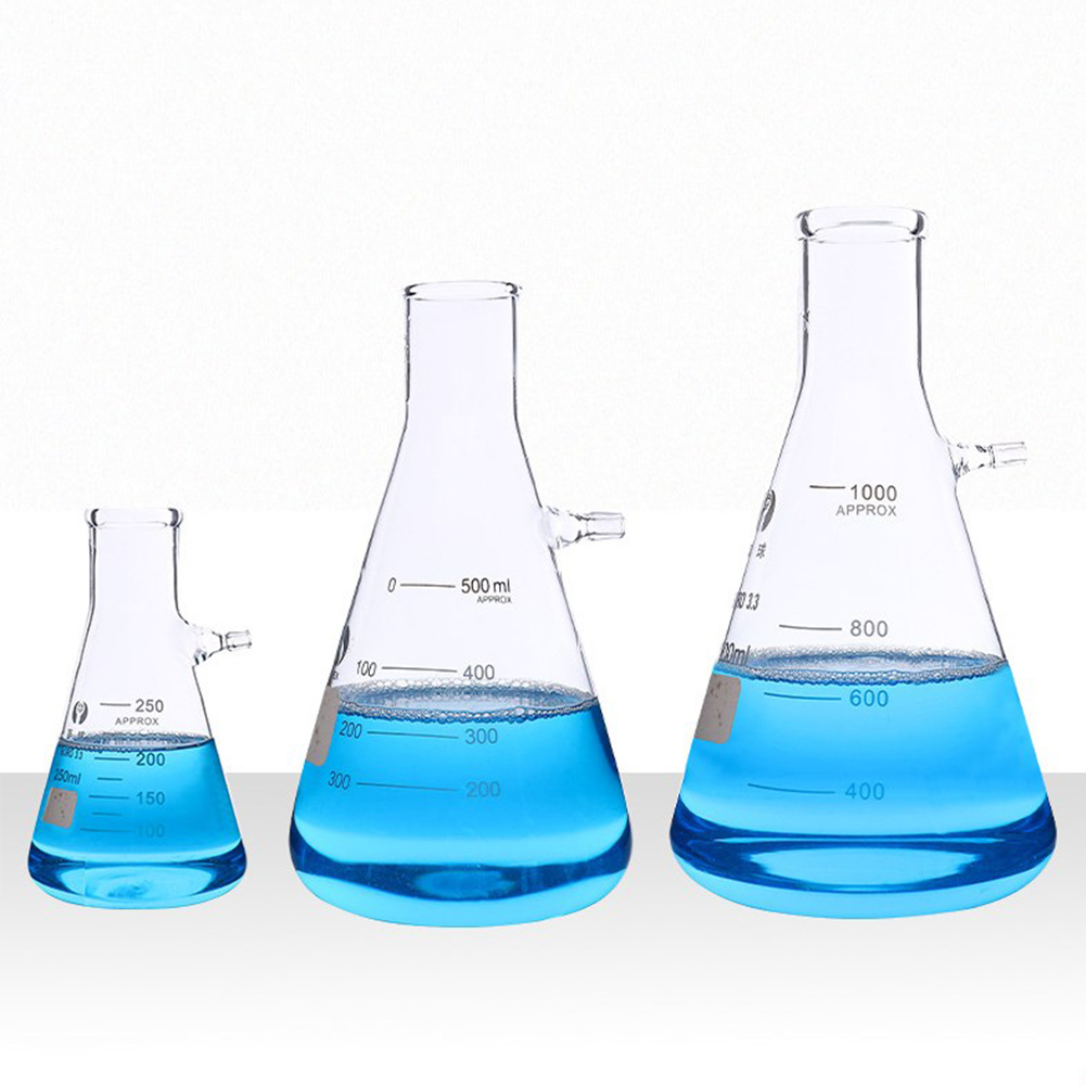 ADAMAS BETA 3pcs Graduated Suction Bottle Laboratory Triangular Flask Glass Filter Bottle 250ML-500ML-1000ML with Branch Nozzle