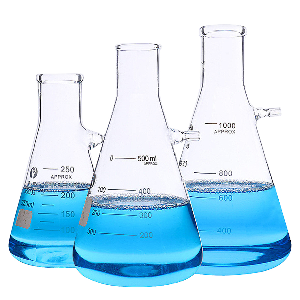 ADAMAS BETA 3pcs Graduated Suction Bottle Laboratory Triangular Flask Glass Filter Bottle 250ML-500ML-1000ML with Branch Nozzle
