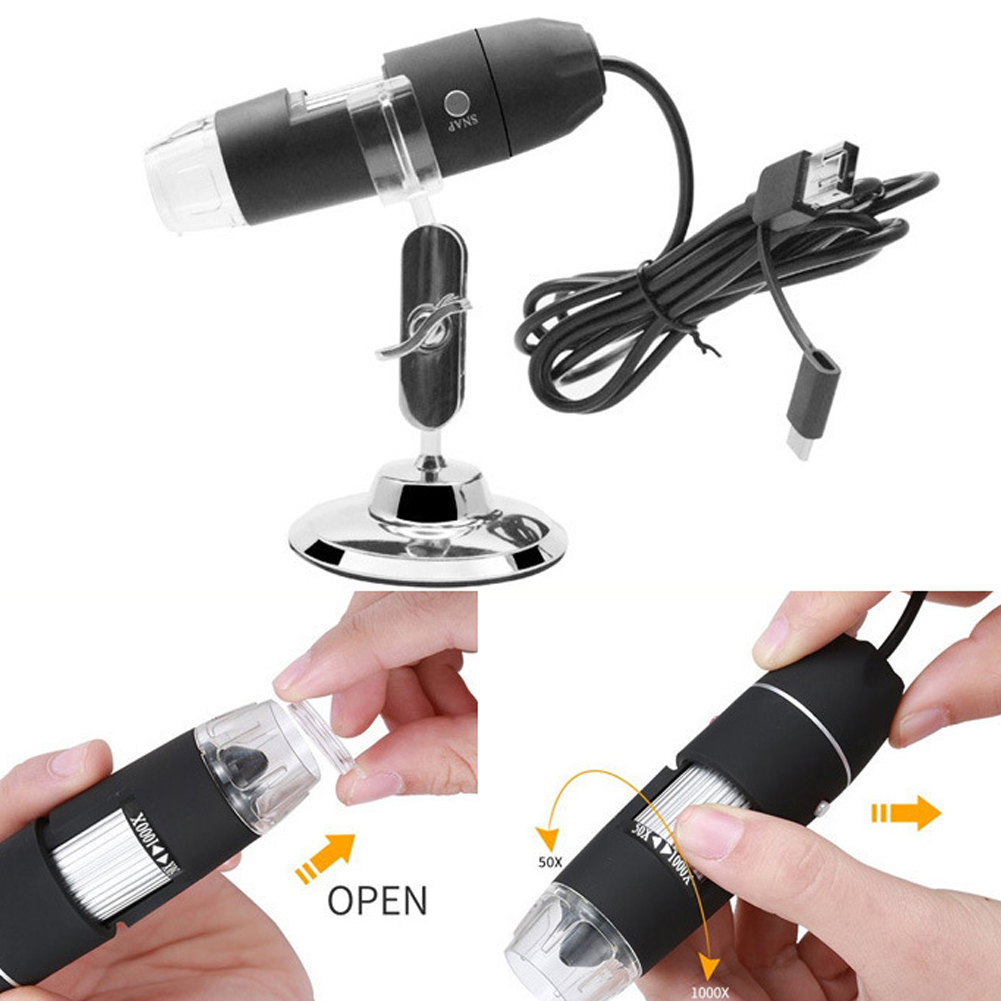 ADAMAS-BETA 1pcs USB Digital Microscope X4-1000X, 8 LED Magnification Endoscope Camera Metal Stand, Compatible for MAC/Android Phone Lab Microscope
