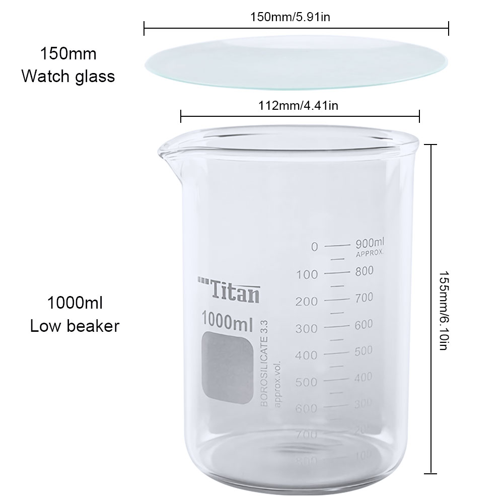 ADAMAS BEST Glass Beaker + Watch Glass Set High Borosilicate Thick Wall 1000ml Beaker Diameter 150mm Dish Cover/Cap for Lab