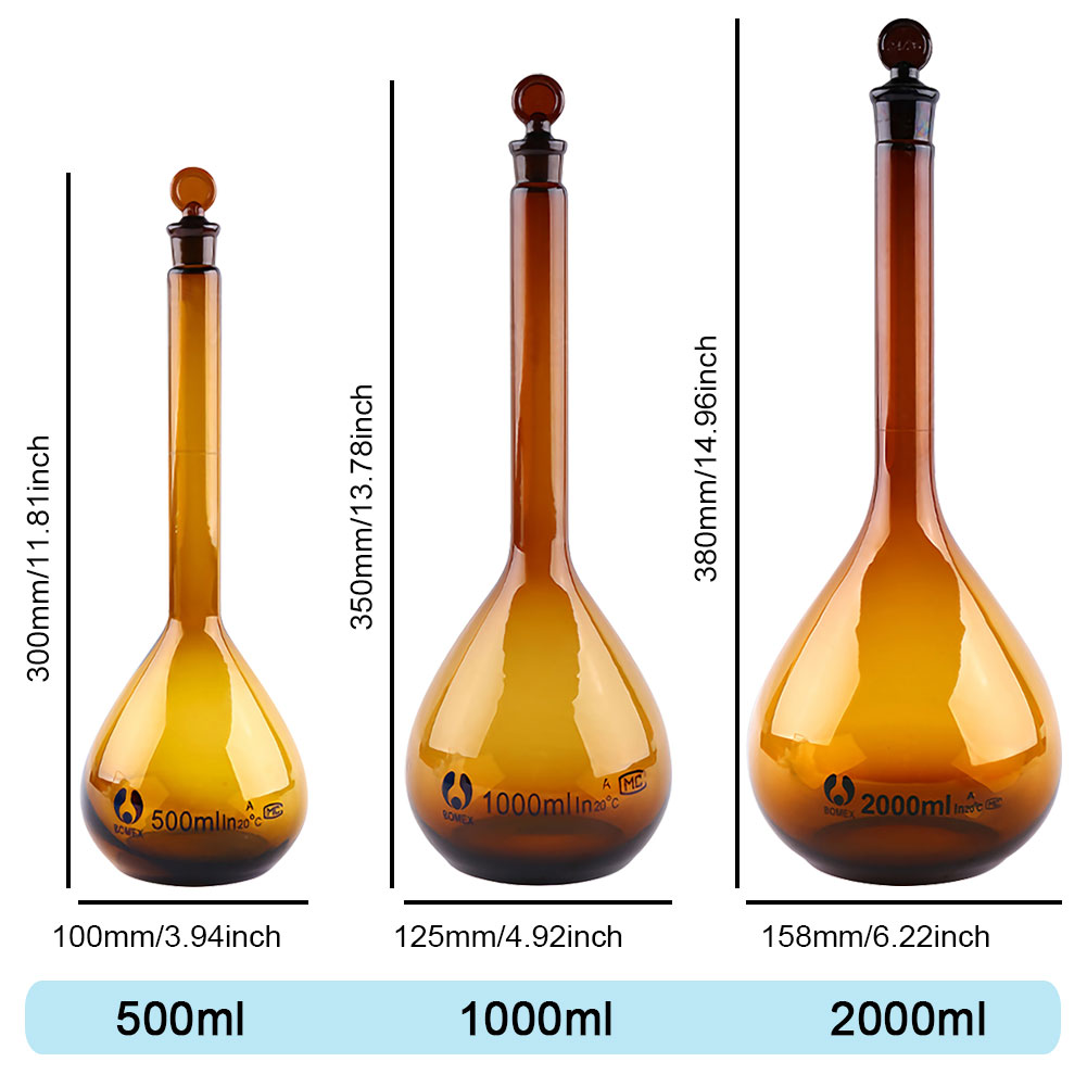 ADAMAS BETA Volumetric Flask with Stopper Amber 5-2000ml Lab Glassware Laboratory Long Neck Reagent Storage Bottle Glass Plug