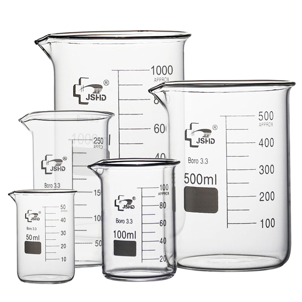 ADAMAS BETA 3.3 Boro Glass Beaker Set 5-14pcs Low Form with Spout Lab Measuring Cup Graduated 10-1000ml Beaker Clamp/Brush/Glass Stirring Rod