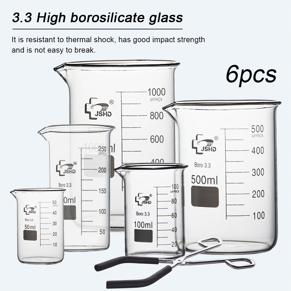 ADAMAS BETA 3.3 Boro Glass Beaker Set 5-14pcs Low Form with Spout Lab Measuring Cup Graduated 10-1000ml Beaker Clamp/Brush/Glass Stirring Rod