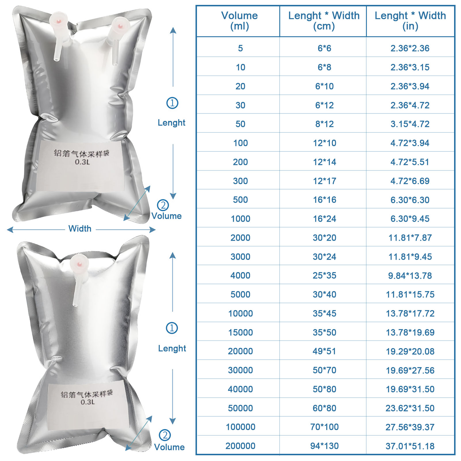 ADAMAS BETA Aluminum Foil Gas Sampling Bags with L-Shape Single/Double Valve Laboratory Composite Membrane Air Collection Bags 10ml-200L