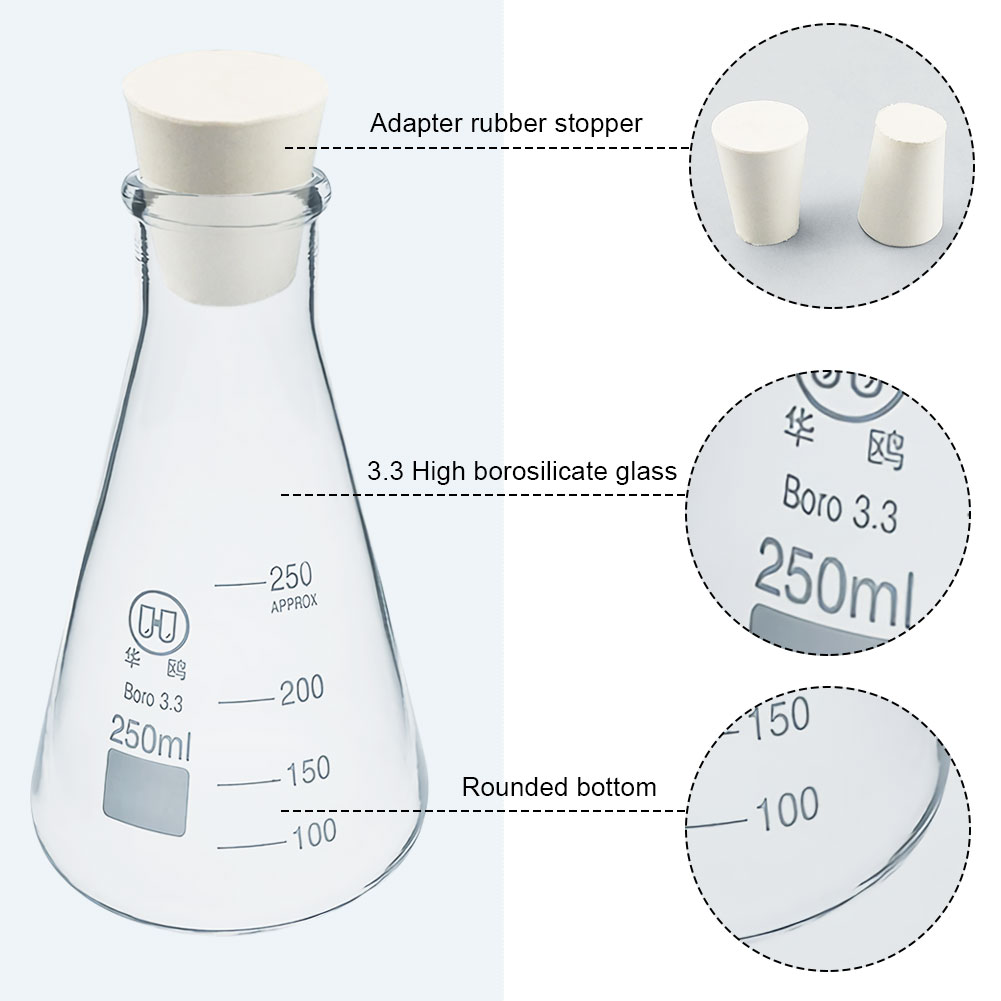 ADAMAS BETA Lab Glass Triangular Flasks Set with Rubber Cork 250ml+150ml+50ml Conical Flask Wide Mouth Graduated Bottle Covered Stoppers