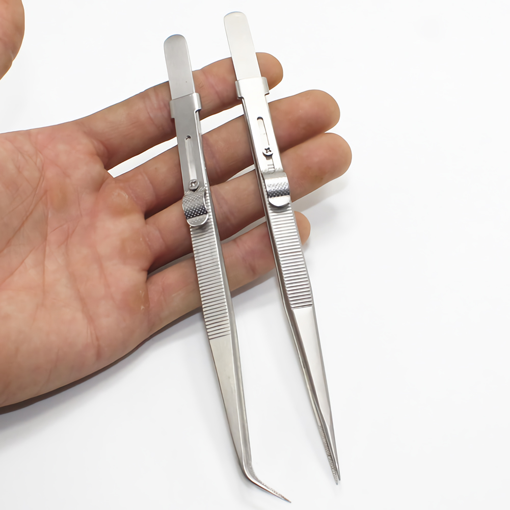 ADAMAS BETA 2pcs Stainless Steel Tweezers 16cm Pointed Headed Bend Tips Forceps Pliers Laboratory Clamping Tools Antiskid Lockable Long Clip