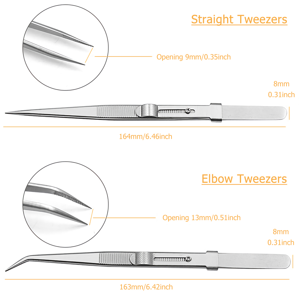 ADAMAS BETA 2pcs Stainless Steel Tweezers 16cm Pointed Headed Bend Tips Forceps Pliers Laboratory Clamping Tools Antiskid Lockable Long Clip