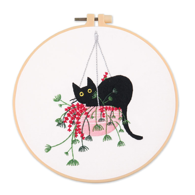 Embroidery Kit for Adult Beginner - Black Cat Flower Pattern