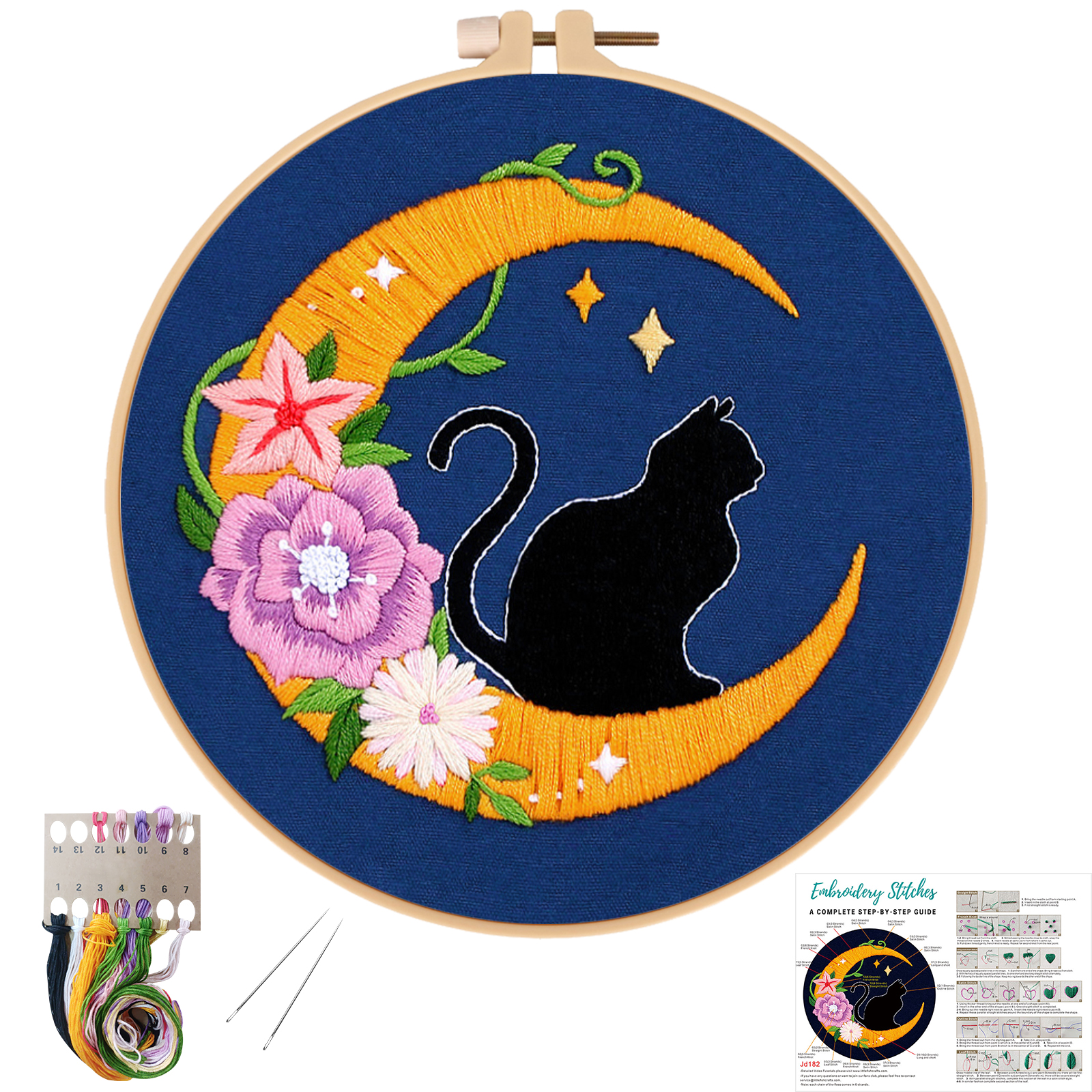 Embroidery Starter Kit Cross stitch kit for Adult Beginner -Cat Moon with floral pattern