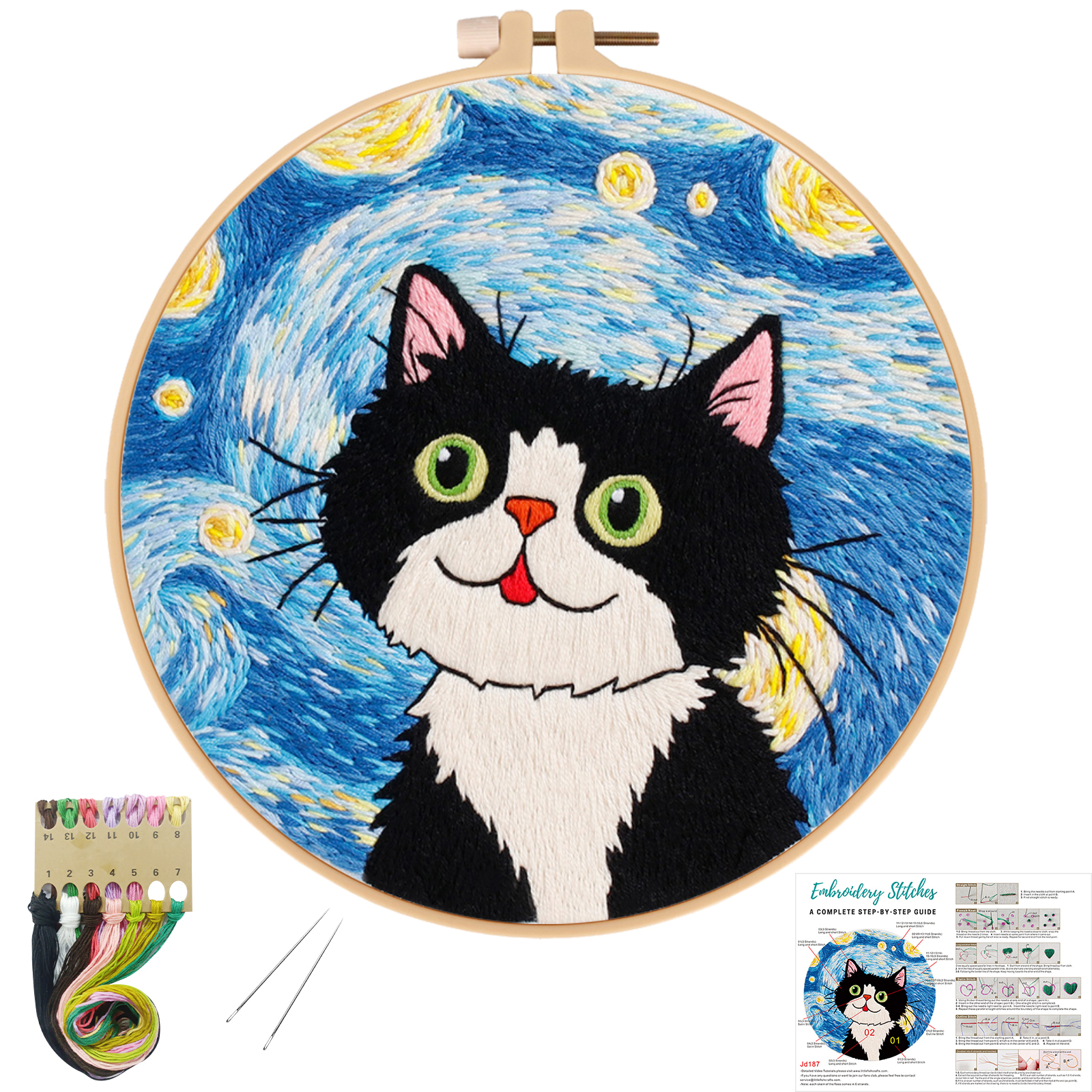 Embroidery Starter Kit Cross stitch kit for Adult Beginner -Cat Starry Sky with Floral Pattern