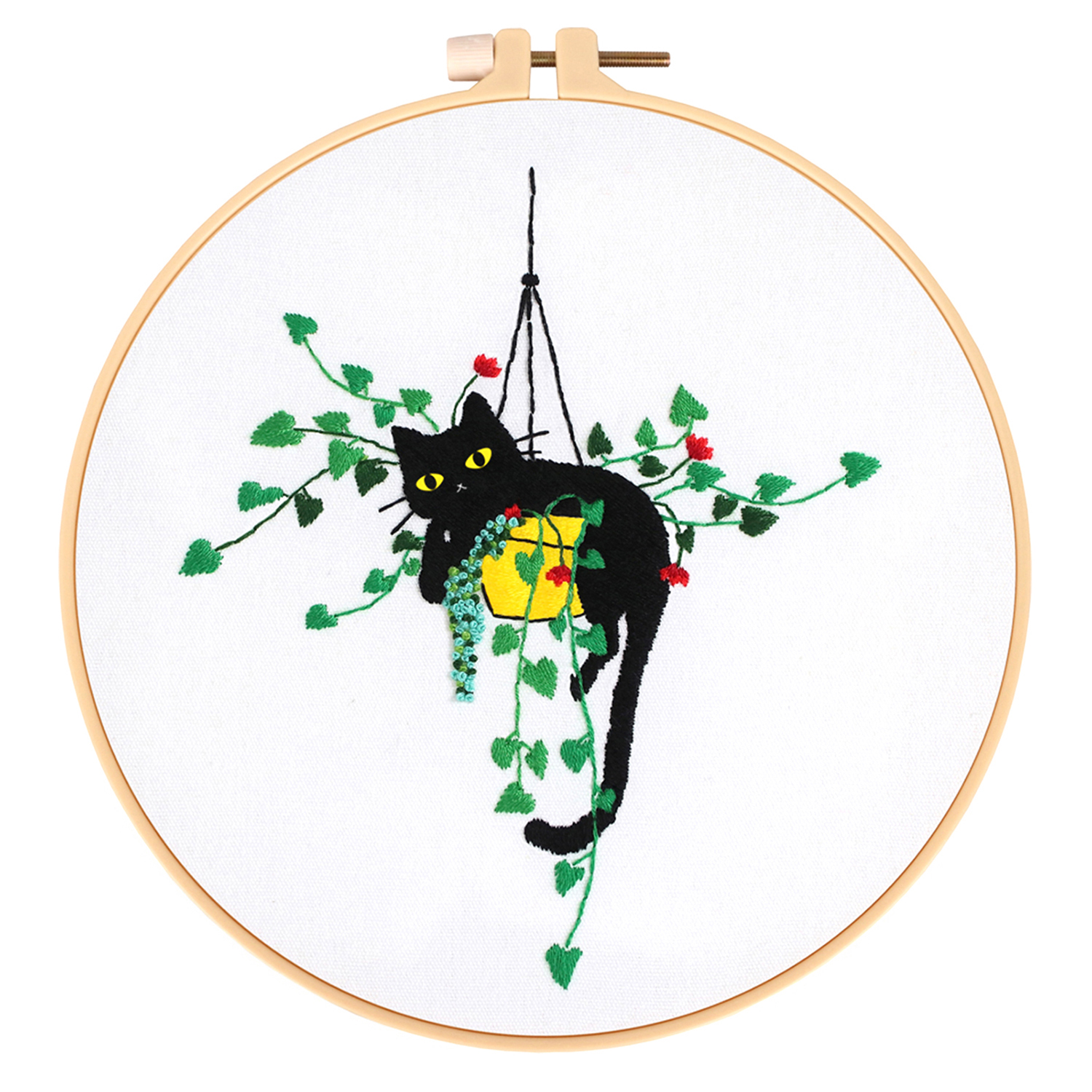 DIY Hand Embroidery Kit - Black Cat Hanging Basket Plant Pattern