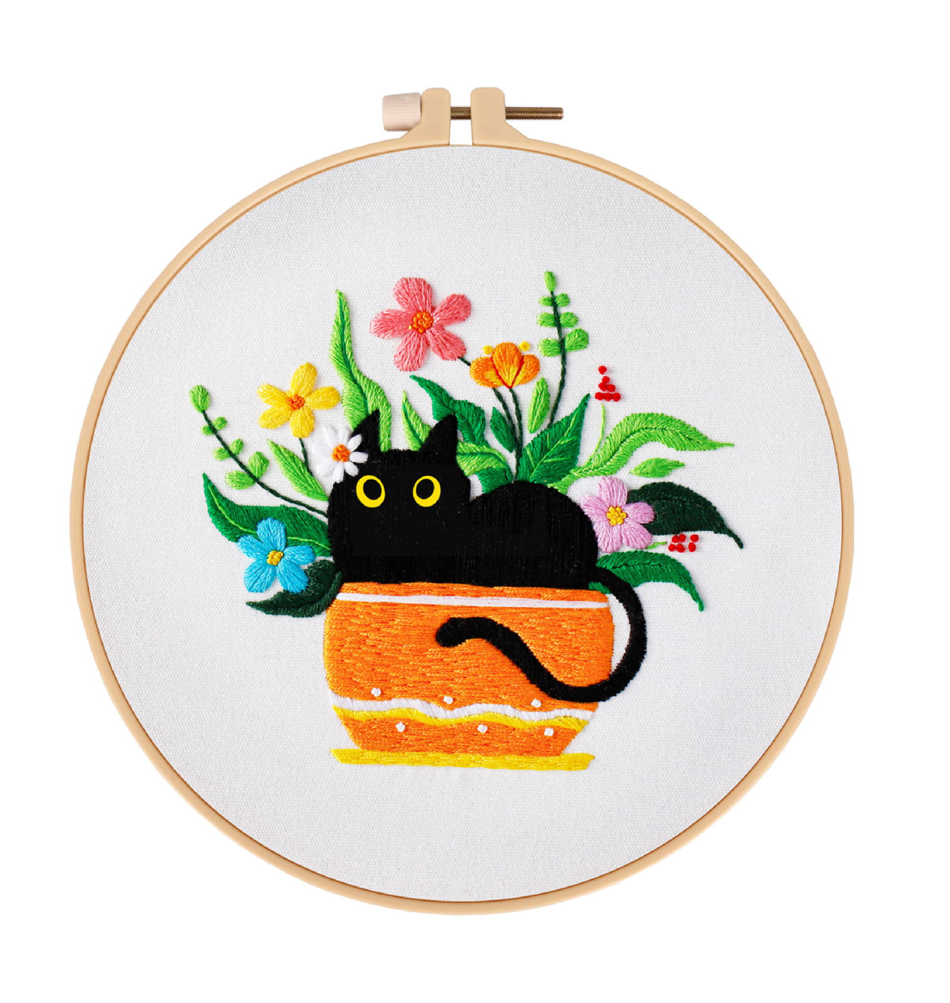 DIY Handmade Embroidery Kit for Adult Beginner- Black Cat Potted Pattern