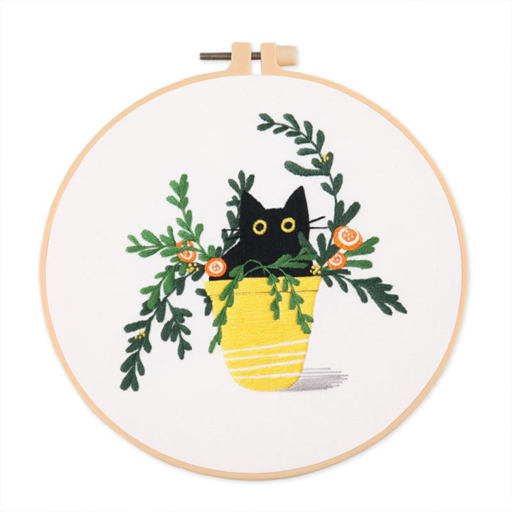 Embroidery Starter Kit for Beginner - Black Cat Potted Pattern
