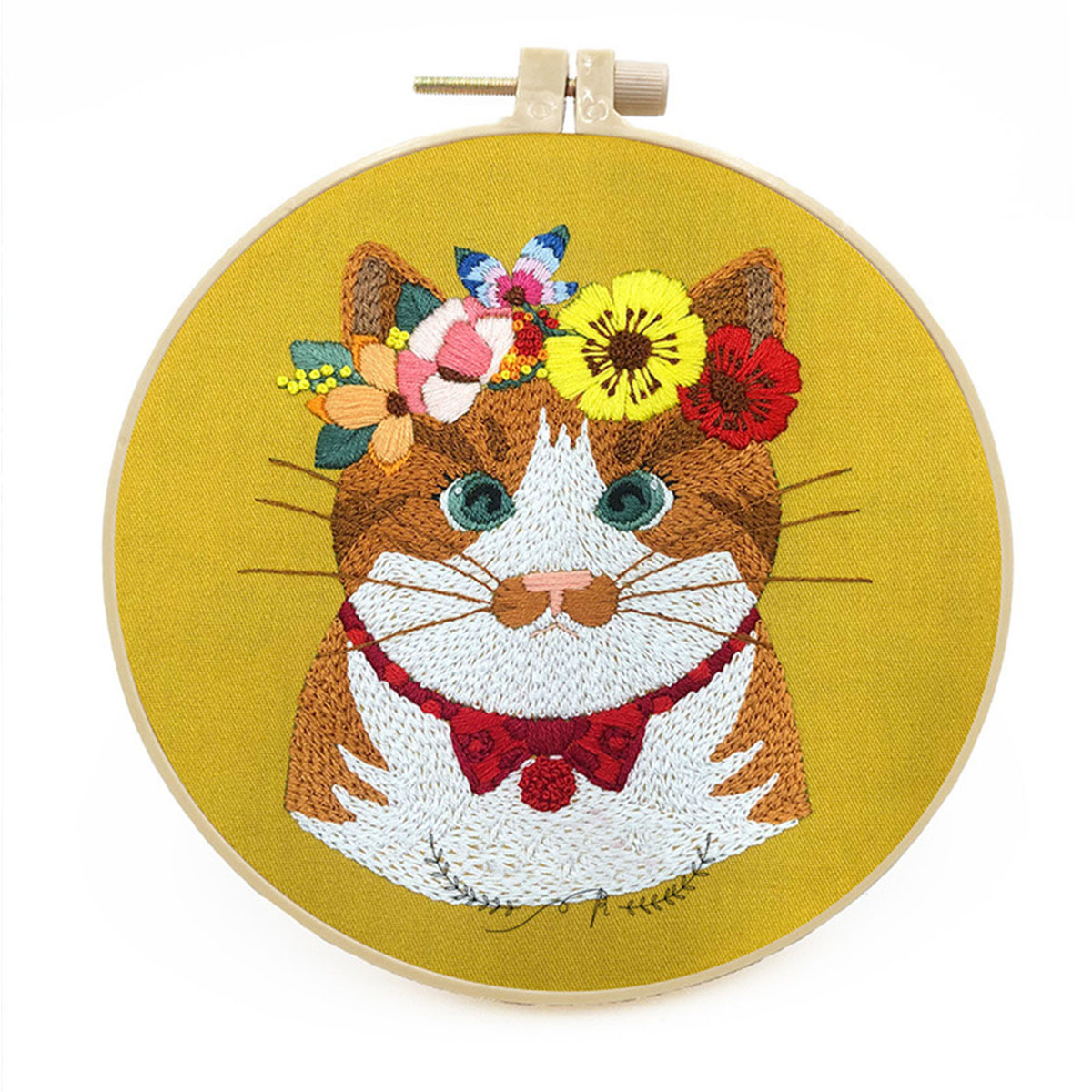 Embroidery starter kit for Adult Beginner - Cute Cat Floral Pattern
