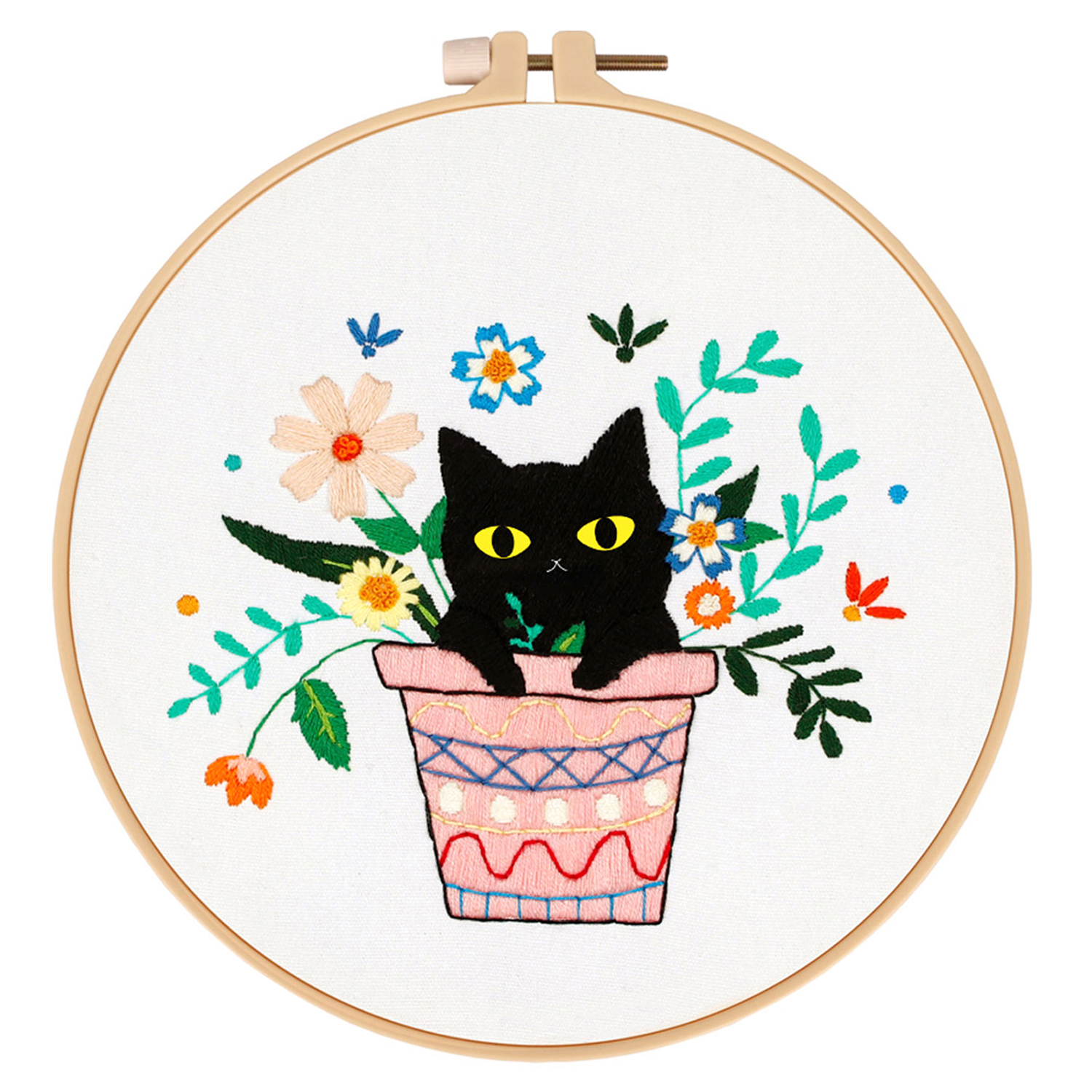 Embroidery Kit for Adult Beginner - Black Cat Potted Pattern