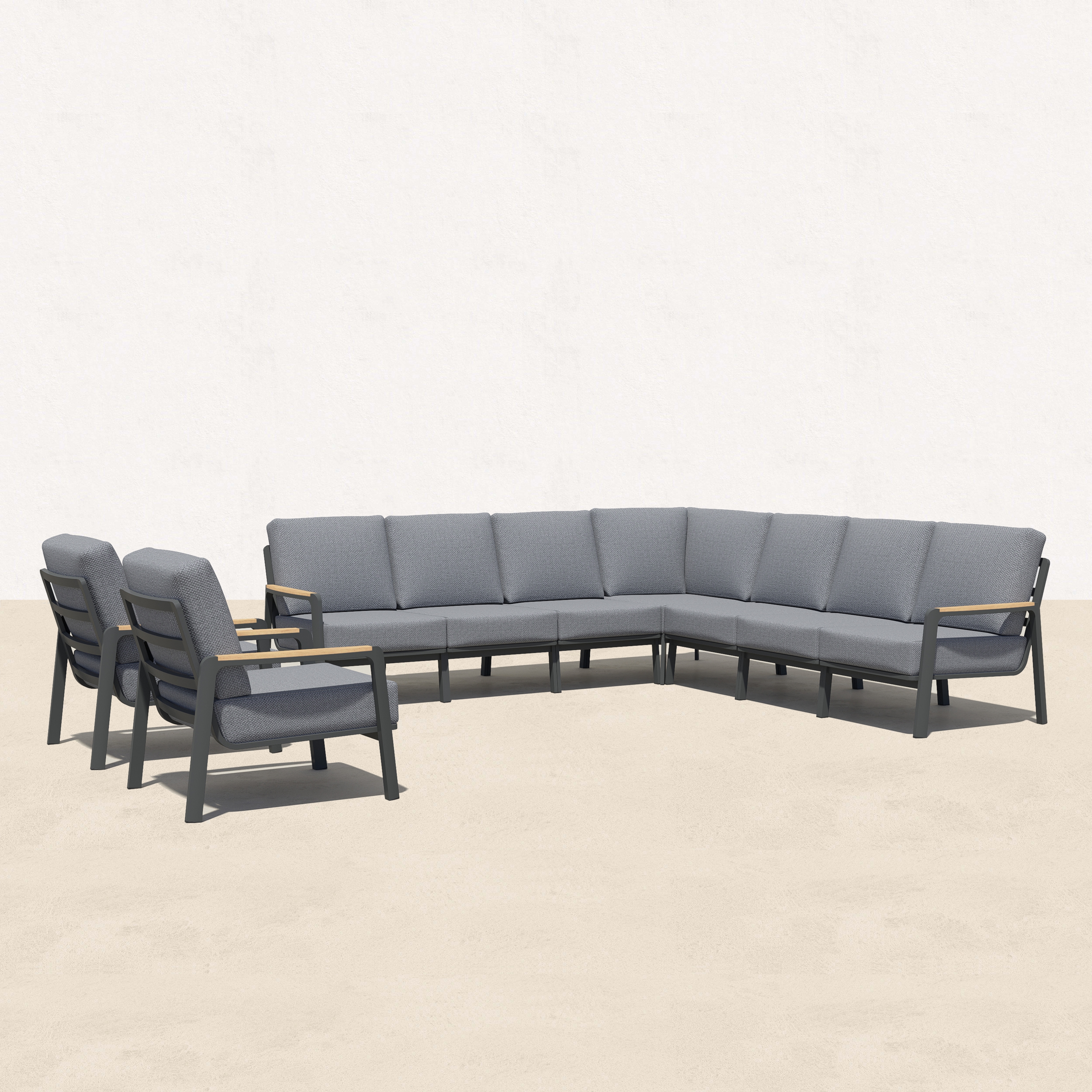 Orion Teak Patio L Sectional with Armchairs - 9 Seat -Baeryon Furniture