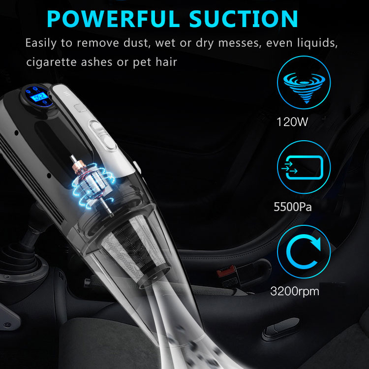 4 In 1 Multifunction Car Vacuum Cleaner with Tire Pressure Gauge and Car Inflator 120W Powerful Suction Wet and Dry-grikey