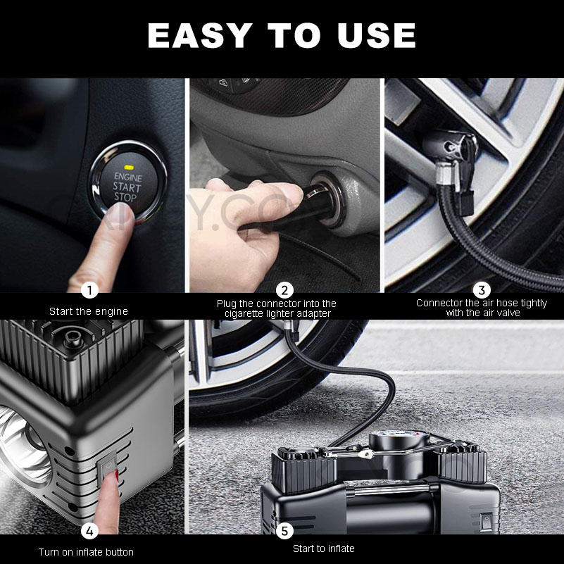 Portable Air Compressor Pump Tire Inflator 150PSI Heavy Duty Dual Cylinder with Pressure Gauge LED Light for Car SUV Trucks RV-grikey