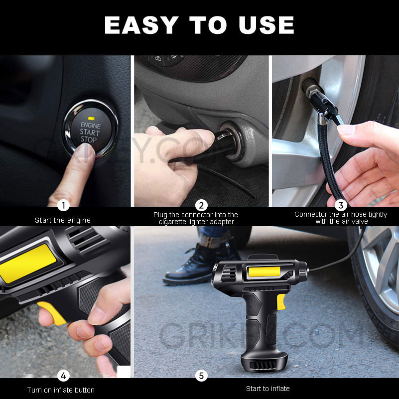 Tire Inflator Air Compressor with Pressure Gauge LED Light 12V DC Portable Electric Air Pump 150PSI Tyre Inflator for Car Tires-grikey