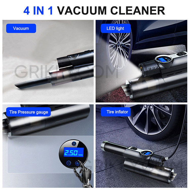 4-in-1 Car Vacuum Cleaner Tire Inflator Portable Air Compressor with Digital Tire Pressure Gauge LCD Display and LED Light 12V-grikey