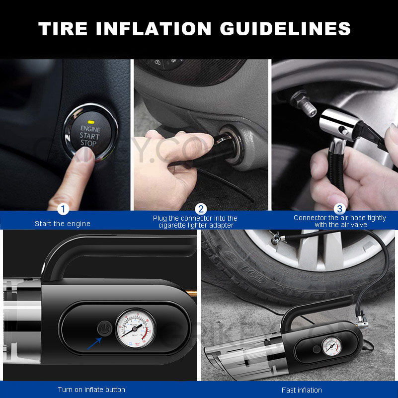 4-IN-1 Portable Car Vacuum Cleaner with Air Compressor Pump DC 12V Tire Inflator for Cars, Handheld Car Vaccum with LED Light-grikey