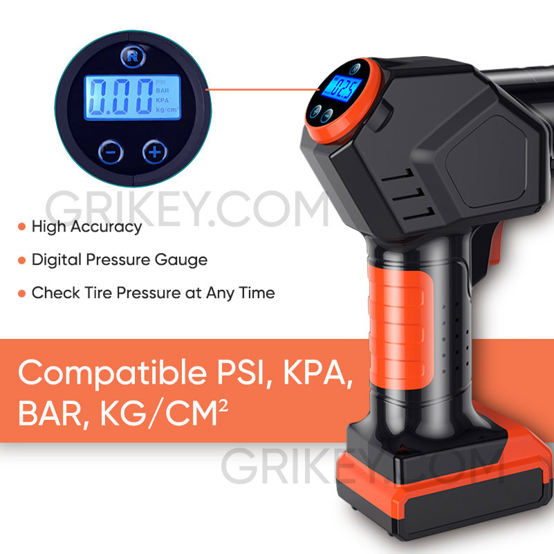 Cordless Tire Inflator Air Compressor Rechargeable Battery Powered Portable Air Pump Digital Pressure Gauge for Cars Motorcycles-grikey