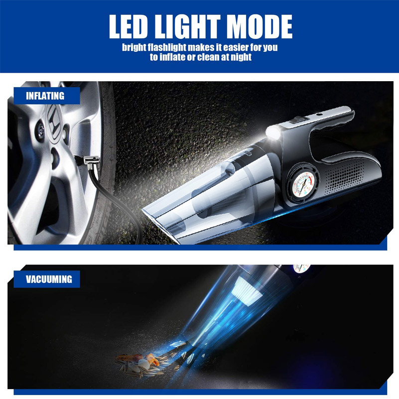 Portable Car Vacuum Cleaner with Air Compressor Pump, DC 12V Tire Inflator Handheld Car Vacuum with LED Light Wet/Dry Vacuum-grikey