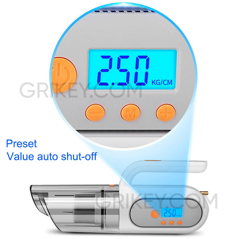 Car Vacuum Cleaner Tire Inflator 12V DC Portable Air Compressor Pump with Digital Tire Pressure Gauge LCD Display and LED Light-grikey