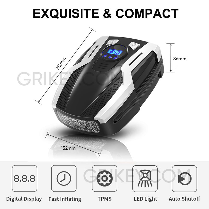 Air Compressor Tire Inflator DC 12V Portable Auto Tire Pump Digital Pressure Gauge w/ LED Light Air Pump for Car Tires Bicycles -grikey