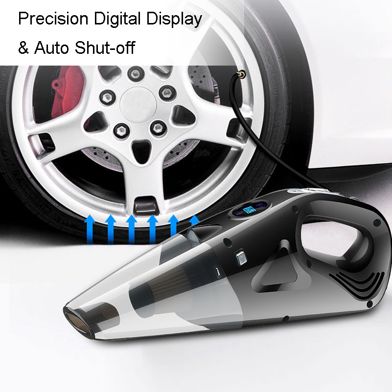 4-IN-1 Car Vacuum Cleaner Tire Inflator Portable Air Compressor with Digital Tire Pressure Gauge LCD Display LED Light DC 12V -grikey