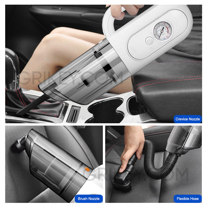Handheld Car Vacuum Cleaner with LED Light Tire Pressure Gauge and Car Inflator, Car Accessories Kits for Interior Detailing-grikey