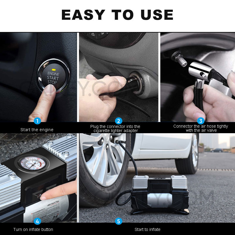 Dual Cylinder Tire Inflator Portable Air Compressor with Pressure Gauge LED Light, 12V DC Auto Tire Pump for Car Tires SUV Truck RVs Balls Bicycles-grikey