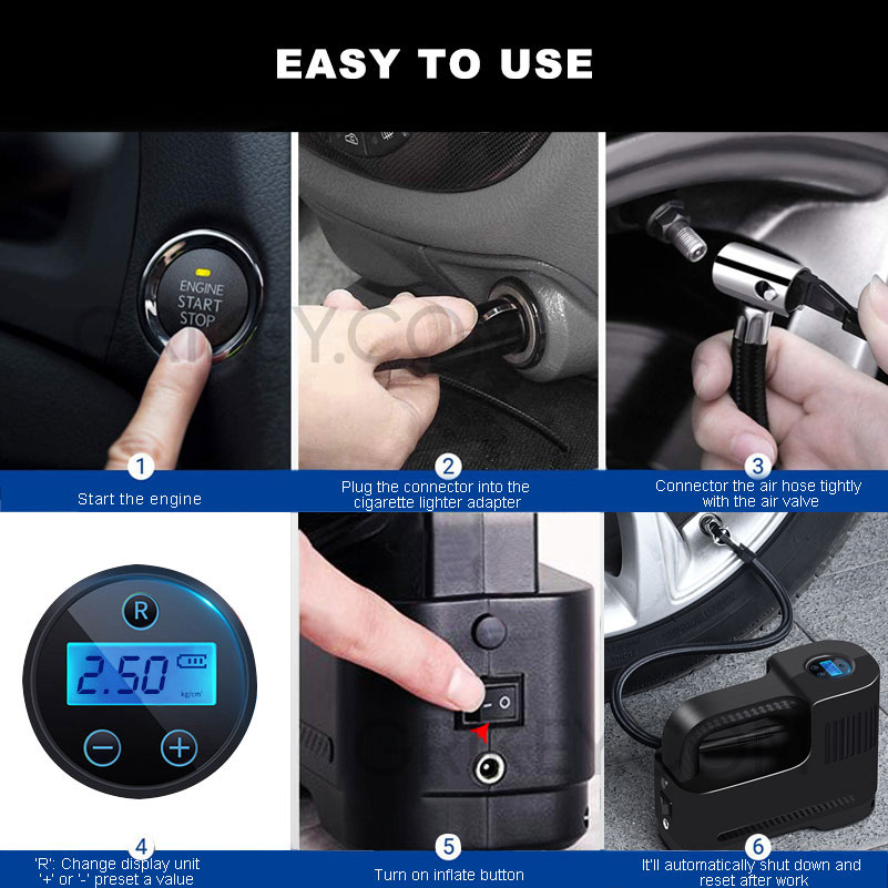 Air Compressor Tire Inflator Portable Air Pump for Car Tires 12V DC Auto Tire Pump with Digital Pressure Gauge Emergency LED Light for Car, Bicycle and Other Inflatables-grikey