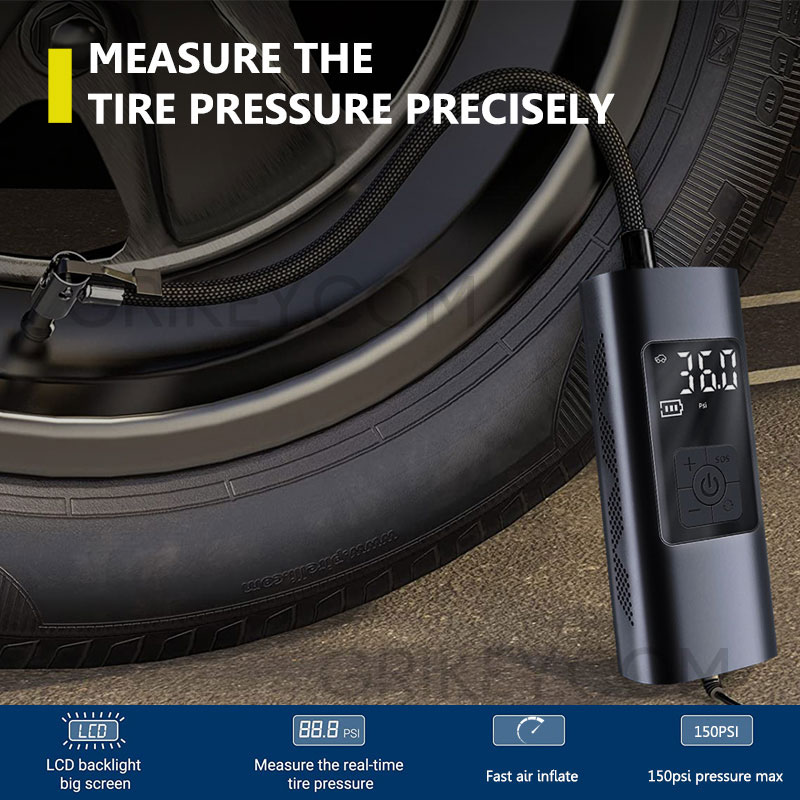 Tire Inflator Portable Air Compressor Pump 12V Mini Electric Tire Pump Up to 150PSI w/ Digital Screen LED Light for Car Tires-grikey