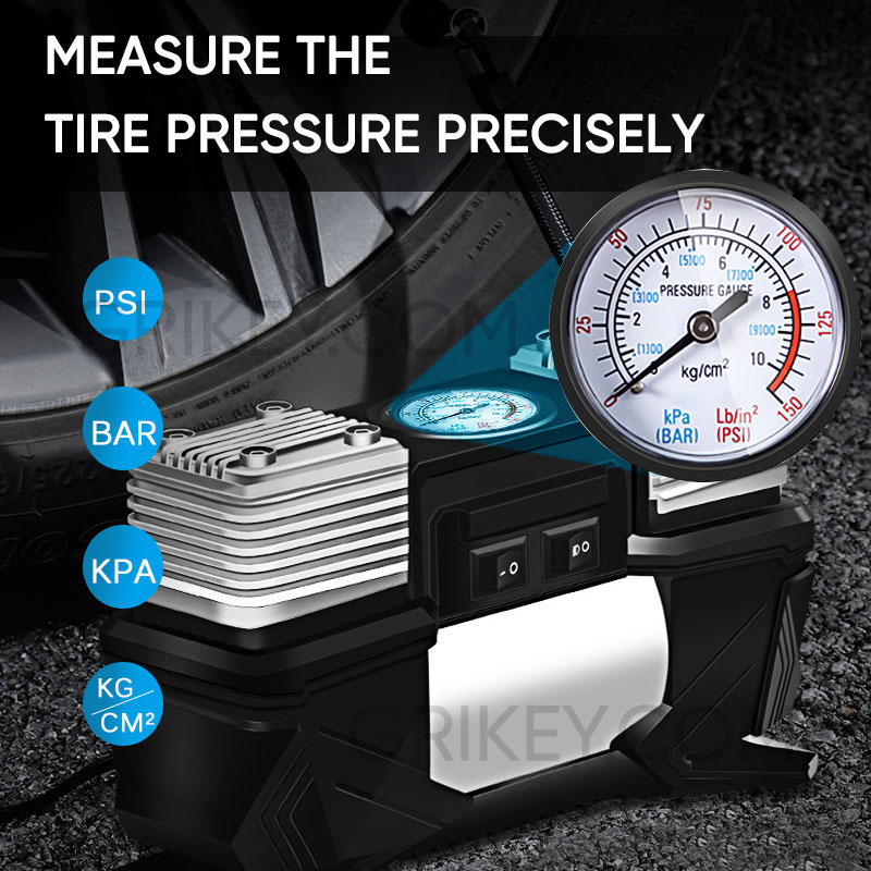 Dual Cylinder Tire Inflator Portable Air Compressor with Pressure Gauge LED Light, 12V DC Auto Tire Pump for Car Tires SUV Truck RVs Balls Bicycles-grikey