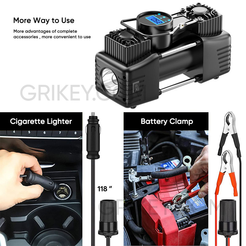 Portable Air Compressor Pump Tire Inflator 150PSI Heavy Duty Dual Cylinder with Digital Pressure Gauge for Car SUV Trucks RV-grikey