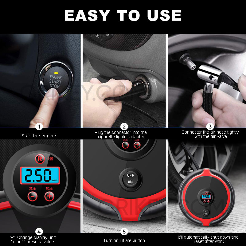 Air Compressor Tire Inflator Portable Air Pump 12V DC Auto Tire Pump w/ Digital Pressure Gauge LED Light for Car Tires Bicycle Balls-grikey
