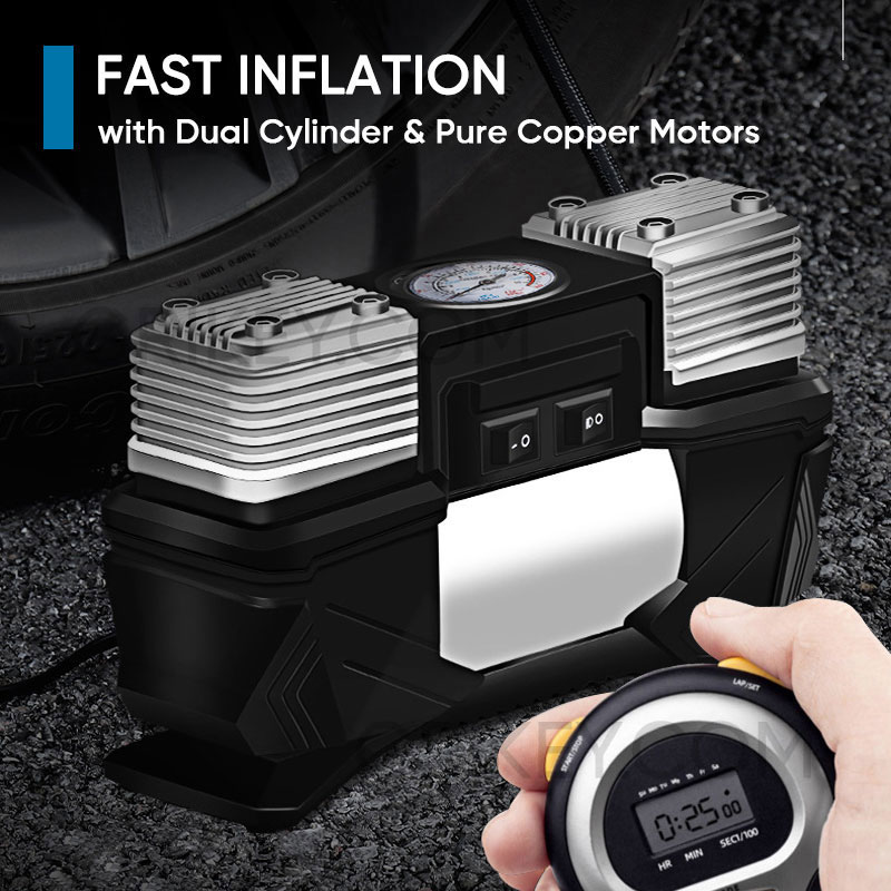 Dual Cylinder Tire Inflator Portable Air Compressor with Pressure Gauge LED Light, 12V DC Auto Tire Pump for Car Tires SUV Truck RVs Balls Bicycles-grikey
