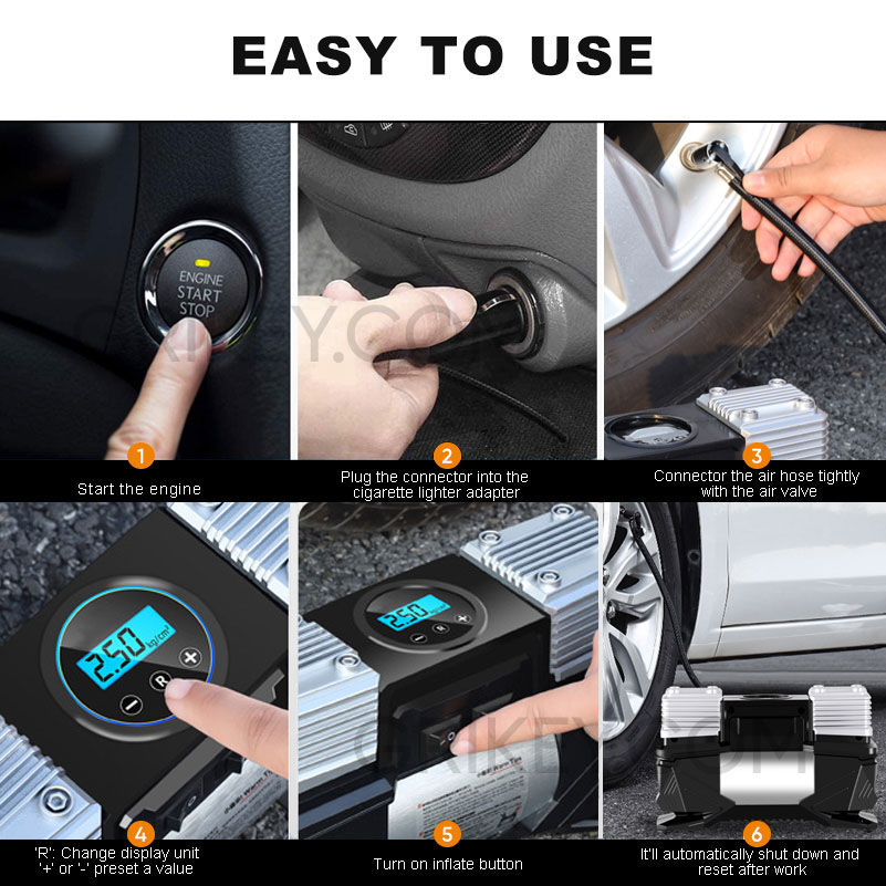 Portable Car Air Compressor Pump with Digital Gauge, 12V Dual Cylinder Tire Inflator Auto Shut Off Pump for Car SUV Truck RVs Bike Motorcycle Ball-grikey