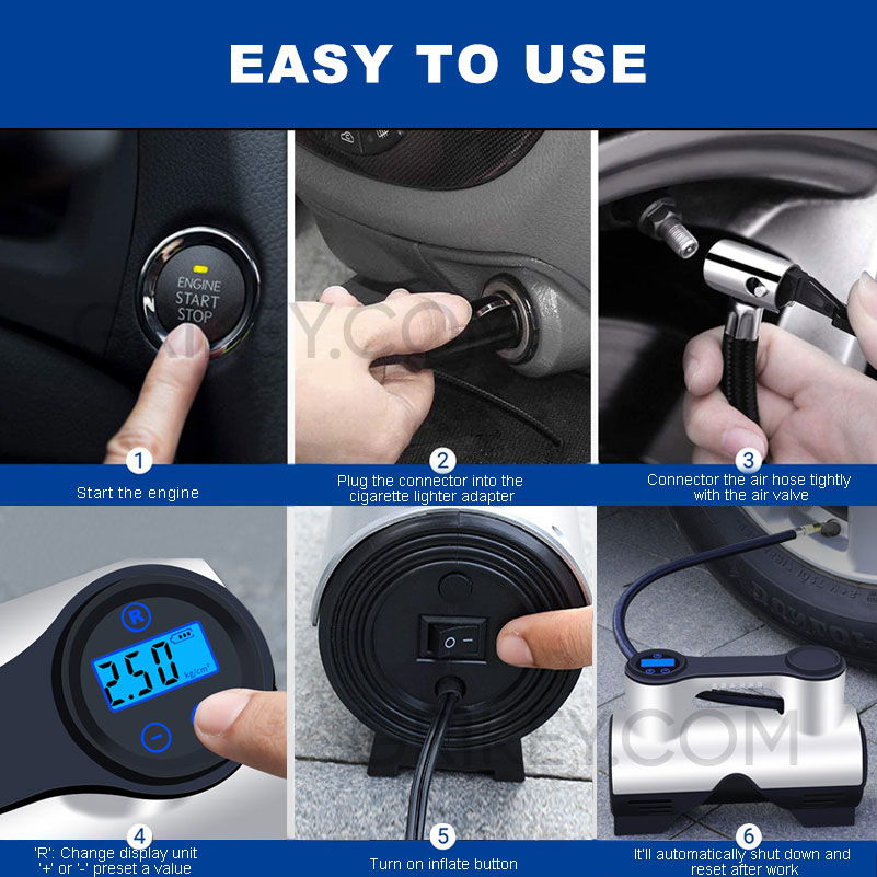 Tire Inflator Portable Air Compressor for Car Tires, DC 12V Auto Tire Pump with Digital Pressure Gauge LED Lights for Car, Bicycle, Balloon, Ball and Other Inflatables-grikey