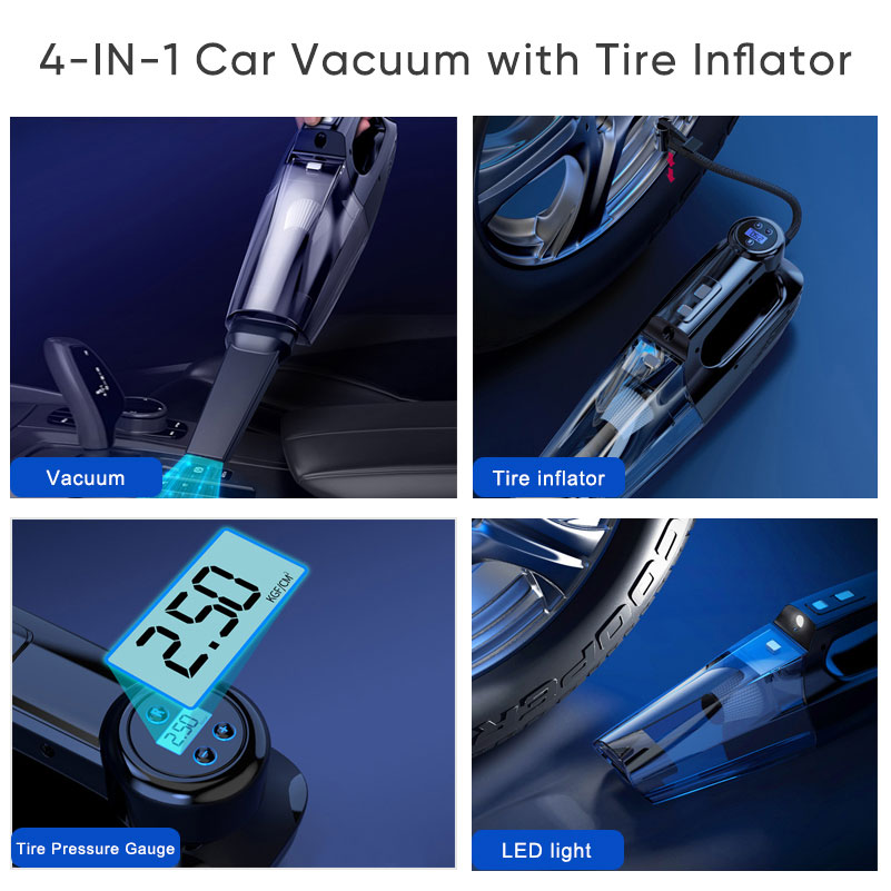  4-in-1 Car Vacuum Cleaner DC 12V Tire Inflator Portable Air Compressor with Digital Tire Pressure Gauge LCD Display LED Light-grikey